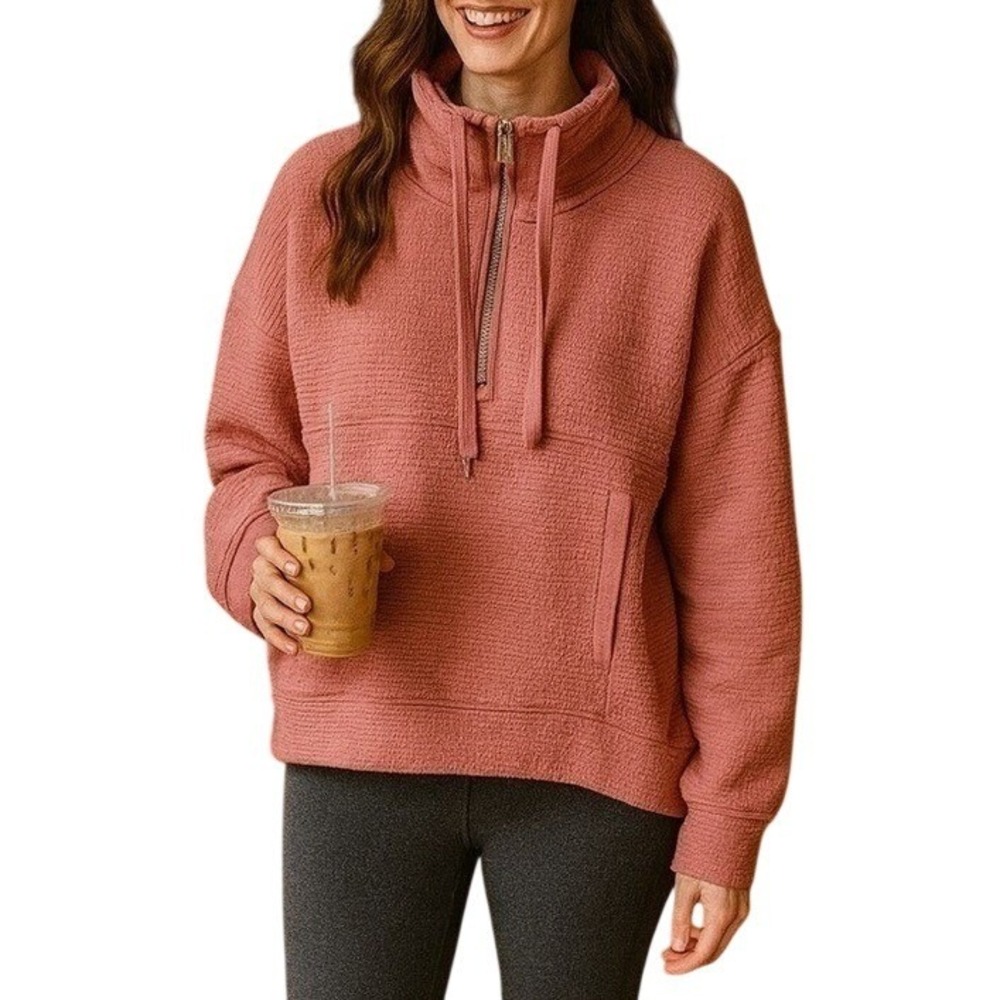 ebb & flow Pink Quarter Zip Textured Cowl Neck Sweatshirt